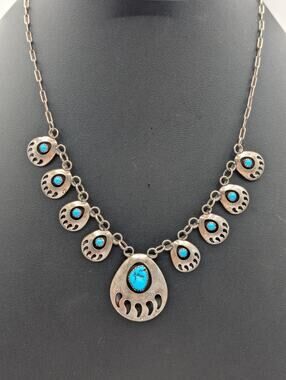 Vintage Navajo Signed SJ Sterling Silver Turquoise Bear Claw Chain 19" Necklace